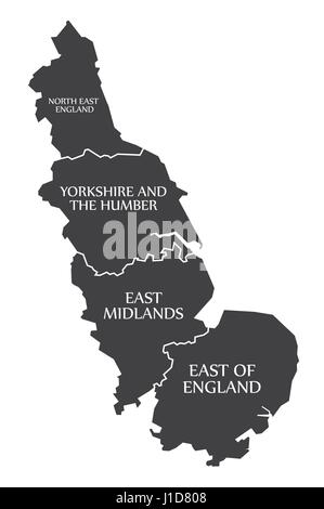 East Coast of England with North East England - Yorkshire - East Midlands - East of England Map UK illustration Stock Vector
