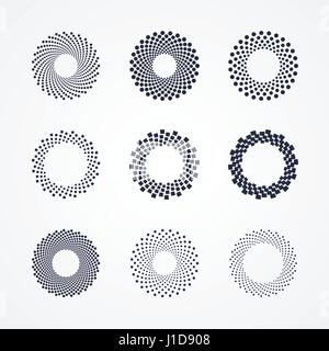 Halftone dots in circle shape. Round dotted logo design element. Black and white isolated banner decoration Stock Vector