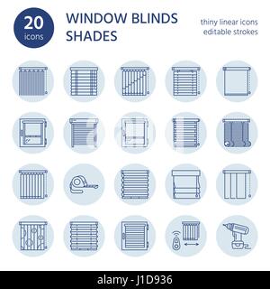 Window blinds, shades line icons. Various room darkening decoration, roller shutters, roman curtains, horizontal and vertical jalousie. Interior design thin linear signs for house decor shop Stock Vector