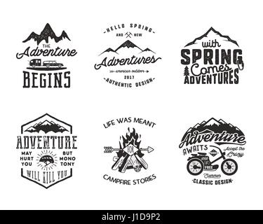 Hiking adventure and outdoor explorer typography labels set. Outdoors activity inspirational quotes. Silhouette hipster logos. Best for t shirts, mugs. Vector patches isolated on white background Stock Vector