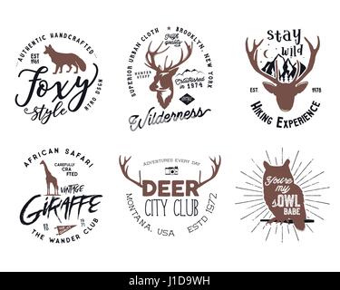 Wild animal badges set. Included giraffe, owl, fox and deer shapes. Stock vector isolated on white background. Good for tee designs, mugs, logotype. Stock Vector