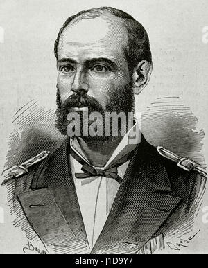 Arturo Prat (1848-1879). Chilean lawyer and navy officer. He died after boarding the Peruvian Huascar at the Naval Battle of Iquique after the ship under his command, the Esmeralda, was rammed. Portrait. Engraving by Capuz in 'La Ilustracion Espanola y Americana'. Stock Photo