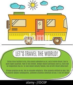 Thin line flat travelling concept. Design of camper rv car . Modern thin line travel vector illustration concept, isolated on white background. Let's Travel the world. Colorful palette Stock Vector