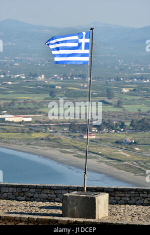 Greek flag on Palamidi castle, Nafplio town, Peloponnese, Greece Stock Photo