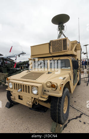 PARIS - LE BOURGET - JUN 18, 2015:  US Army M1113 Humvee Air Vehicle Transporter (AVT) of the 2nd Cavalry Regiment at the 51st International Paris Air Stock Photo