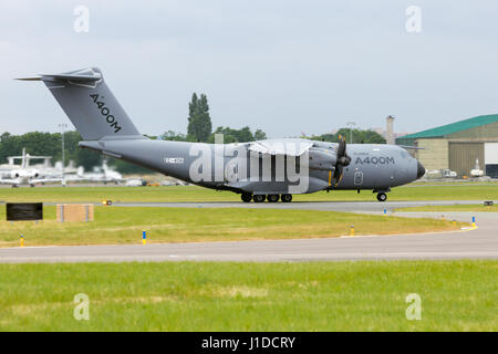 PARIS - LE BOURGET - JUN 18, 2015: New Airbus A400M military transport plane take-off at the 51st International Paris Air show. Stock Photo