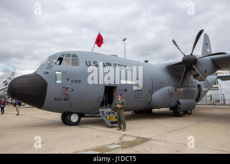 PARIS - LE BOURGET - JUN 18, 2015: Lockheed WC-130J Weatherbird used for weather reconnaissance missions by the US Air Force. Stock Photo
