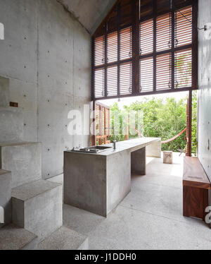 Overall interior view from entrance. Casa Tiny, Puerto Escondido, Mexico. Architect: Aranza de Ariño, 2016. Stock Photo