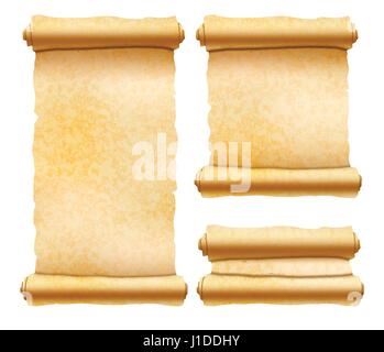 Set of old textured papyrus scrolls different shapes isolated on white Stock Vector