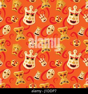 Different wooden voodoo masks on abstract red background seamless pattern Stock Vector