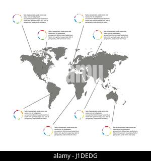 Light Infographic template with gray world map and pointers with charts isolated on white Stock Vector