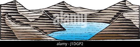 Vector Illustration of a Scratchboard Style Ink and Watercolor Drawing of a Mountain Lake Stock Vector