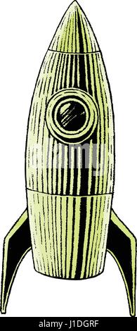 Vector Illustration of a Scratchboard Style Ink and Watercolor Drawing of a Striped Rocket Stock Vector