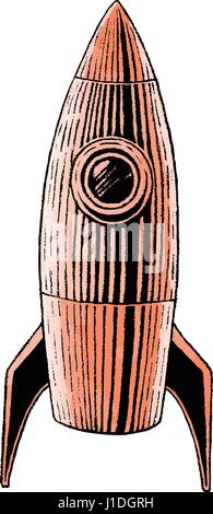 Vector Illustration of a Scratchboard Style Ink and Watercolor Drawing of a Striped Rocket Stock Vector