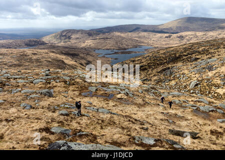 Walkers on the Lower Slopes of Criagnaw with Loch Neldricken Below, Galloway Hills, Scotland Stock Photo