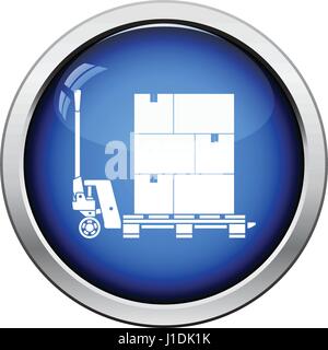 Hand hydraulic pallet truc with boxes icon. Glossy button design. Vector illustration. Stock Vector