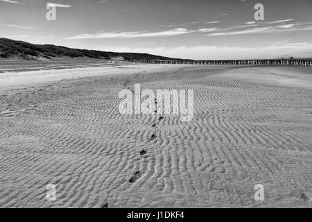 A single line of footprints lead across the wet, rippled sand of  Bleriot Plage, at low tide.A black and white image taken at  Sangatte, France Stock Photo