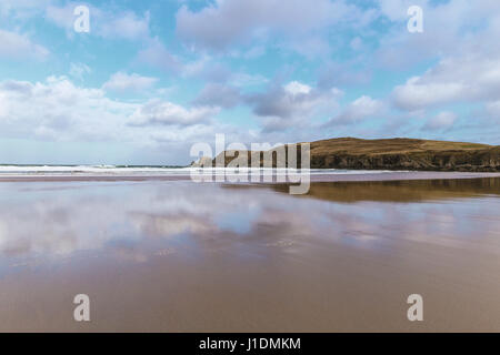 Farr Bay beach in Bettyhill, Sutherland, Scotland on sunny day with blue sky Stock Photo