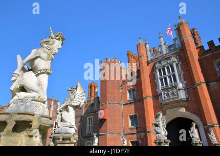 LONDON, UK - APRIL 9, 2017: The West front and main entrance of Hampton Court Palace in Southwest London with details of dragon statues Stock Photo