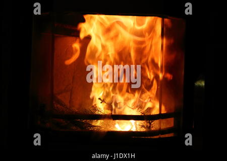 Tannenreisig verbrennt in Feuer im Schwedenofen Ofen Stock Photo