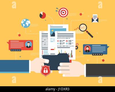 Transfer of confidential documents between businessmen, with reports and analysis of data. Concept of private data sharing and secret business investm Stock Vector
