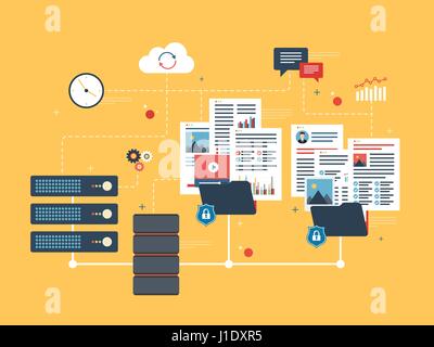Flat design concepts for shared data, documents, videos and photos.Internet computer users download files safely. Vector design shape background yello Stock Vector