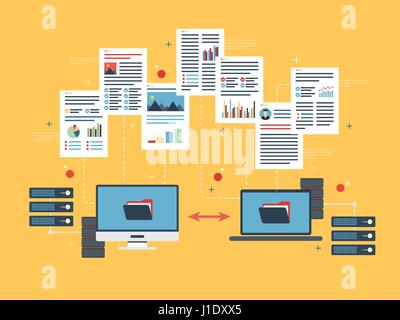 Transfer data between computer and laptop. Concept backup data and computer network. Flat vector illustration. Stock Vector