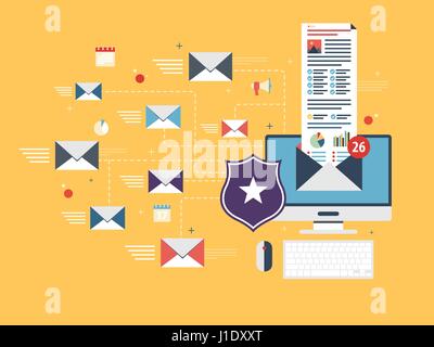 Computer with antivirus for protection, security and blocking of receiving spam by email. Spam blocker. Email protection and secure communication on i Stock Vector