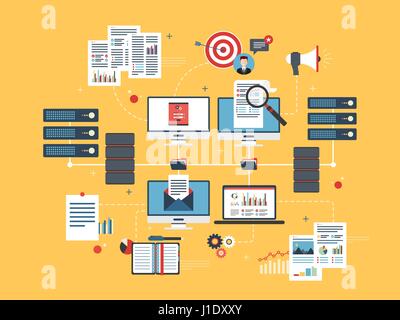 Computers and laptop accessing server files in network computers. Concepts cloud computing devices, data network and business intelligence. Flat vecto Stock Vector