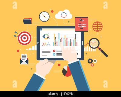 Flat design vector illustration concept of financial investment, analytics with growth report. Security and cloud data. Calculations and graphs. Stock Vector