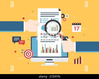 Flat design vector illustration concept of financial investment, analytics with growth report. Calculations and graphs of gains on the stock market an Stock Vector
