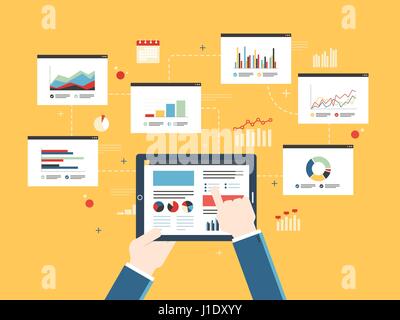 Flat design vector illustration concept of finance investment planning, analytics Information in the form of a graph or diagram with growth report on  Stock Vector