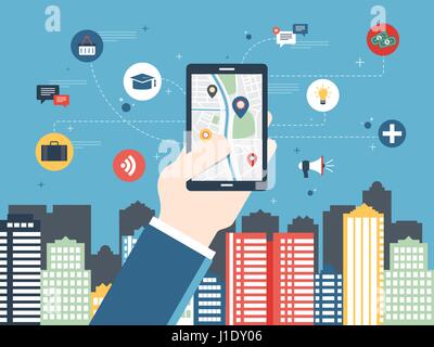 Mobile gps navigation on mobile phone with map of city. Finding the place of work, school, hospital, bank and people on the map in travel and tourism. Stock Vector