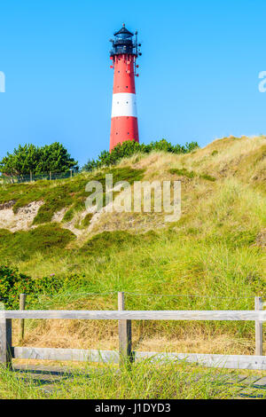 Lighthouse on sand dune in Hornum village on southern coast of Sylt island, Germany