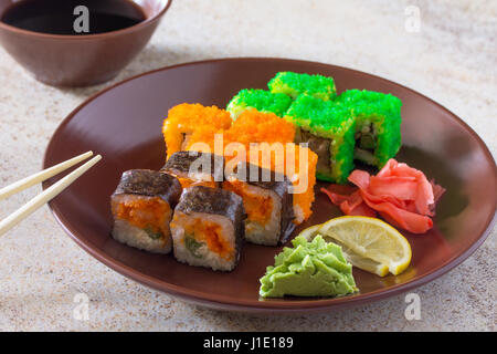 Sushi seth roll - Roll Green mile, Mr.Krabs, Okinawa, Philadelphia classic, roll Cheese salmon and Jamaica. Stock Photo