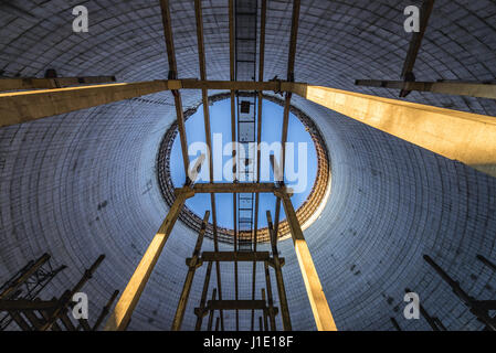 Inside the cooling tower of Chernobyl Nuclear Power Plant in Zone of Alienation around the nuclear reactor disaster in Ukraine Stock Photo