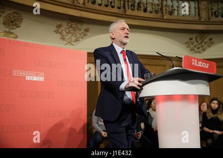 London, UK. 20th Apr, 2017. Leader of UK's main opposition Labour Party Jeremy Corbyn attends the launch of the Labour Party general election campaign in London, UK, on April 20, 2017. Credit: Tim Ireland/Xinhua/Alamy Live News Stock Photo