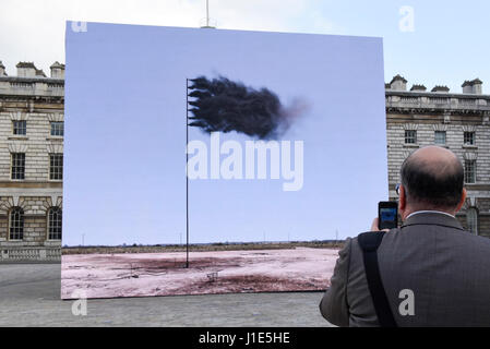 London, UK.  20 April 2017.  Unveiling at Somerset House of 'Western Flag' (Spindletop, Texas) 2017 by artist John Gerrard.  The artwork, in the form of an LED wall installation, is a symbol for climate change and modern society’s dependence on oil and has been commissioned by Channel 4 as part of their Man-Made Planet season broadcast to mark this year’s Earth Day (22nd April).   Credit: Stephen Chung / Alamy Live News Stock Photo