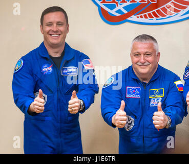 (170420) -- BAIKONUR COSMODROME, April 20, 2017 (Xinhua) -- Russian cosmonaut Fyodor Yurchikhin (R) and U.S. National Aeronautics and Space Administration's (NASA) astronaut Jack Fischer, members of the main crew to the International Space Station, meet the media before the launch of Russia's Soyuz MS-04 spacecraft at Baikonur cosmodrome in Kazakhstan on April 20, 2017. Russia on Thursday successfully launched its Soyuz MS-04 spacecraft carrying two astronauts to the International Space Station (ISS), the Russian State Space Corporation Roscosmos said. (Xinhua/Mikheev) Stock Photo