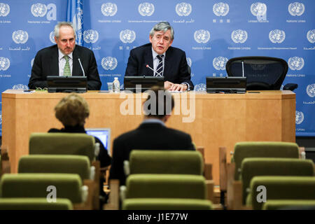 Former British Prime Minister Gordon Brown, currently UN Special Envoy for Global Education, assists journalists to report on efforts to provide all refugees and displaced children with education through a new model of education funding at United Nations Headquarters In New York this Wednesday, 19. James Gordon Brown was the Prime Minister of the United Kingdom and leader of the Labor Party between 2007 and 2010 when he resigned. (PHOTO: WILLIAM VOLCOV/BRAZIL PHOTO PRESS) Stock Photo