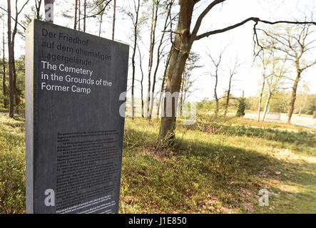 Bergen-Belsen, Germany. 20th Apr, 2017. The entrance to the Bergen-Belsen concentration camp memorial in Bergen-Belsen, Germany, 20 April 2017. Several concentration camp survivors are expected to attend the memorial service marking the 72th anniversary of the liberation of the camp, to be held on 23 April 2017. Photo: Holger Hollemann/dpa/Alamy Live News Stock Photo