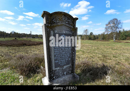 Bergen-Belsen, Germany. 20th Apr, 2017. A memorial stone seen at the Bergen-Belsen concentration camp memorial in Bergen-Belsen, Germany, 20 April 2017. Several concentration camp survivors are expected to attend the memorial service marking the 72th anniversary of the liberation of the camp, to be held on 23 April 2017. Photo: Holger Hollemann/dpa/Alamy Live News Stock Photo