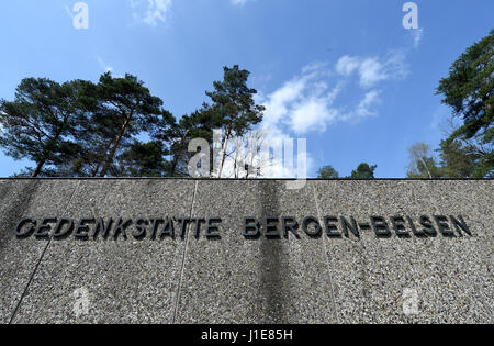 Bergen-Belsen, Germany. 20th Apr, 2017. The entrance to the Bergen-Belsen concentration camp memorial in Bergen-Belsen, Germany, 20 April 2017. Several concentration camp survivors are expected to attend the memorial service marking the 72th anniversary of the liberation of the camp, to be held on 23 April 2017. Photo: Holger Hollemann/dpa/Alamy Live News Stock Photo