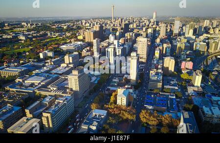 Johannesburg. 20th Apr, 2017. Photo taken on April 20, 2017 shows an aerial view of Johannesburg Town, South Africa. The City of Johannesburg Local Municipality is situated in the northeastern part of South Africa with a population of around 4 million. Being the largest city and economic center of South Africa, it has a reputation for its man-made forest of about 10 million trees. Credit: Zhai Jianlan/Xinhua/Alamy Live News Stock Photo