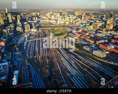 Johannesburg. 20th Apr, 2017. Photo taken on April 20, 2017 shows an aerial view of Johannesburg Town, South Africa. The City of Johannesburg Local Municipality is situated in the northeastern part of South Africa with a population of around 4 million. Being the largest city and economic center of South Africa, it has a reputation for its man-made forest of about 10 million trees. Credit: Zhai Jianlan/Xinhua/Alamy Live News Stock Photo