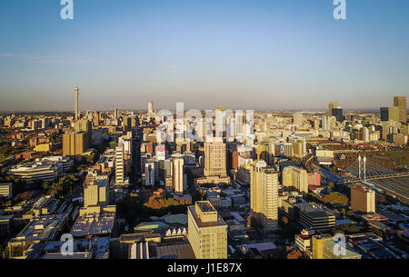 Johannesburg. 20th Apr, 2017. Photo taken on April 20, 2017 shows an aerial view of Johannesburg Town, South Africa. The City of Johannesburg Local Municipality is situated in the northeastern part of South Africa with a population of around 4 million. Being the largest city and economic center of South Africa, it has a reputation for its man-made forest of about 10 million trees. Credit: Zhai Jianlan/Xinhua/Alamy Live News Stock Photo
