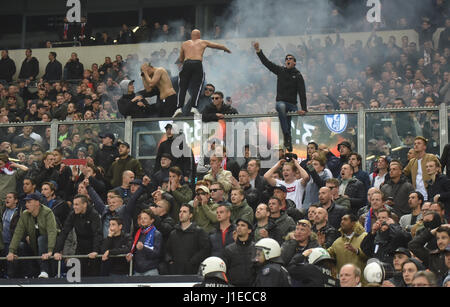 Gelsenkirchen, Germany. 20th Apr, 2017. UEFA Europa League, semifinals 2nd leg, FC Schalke 04 vs Ajax Amsterdam: Ajax fans feiern. Credit: Juergen Schwarz/Alamy Live News Stock Photo