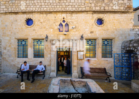 SAFED, ISRAEL - SEPTEMBER 14, 2016: The Ashkenazi HaAri Synagogue, in the Jewish quarter, with prayers, in Safed (Tzfat), Israel Stock Photo