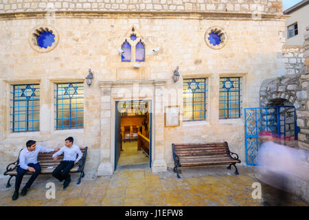 SAFED, ISRAEL - SEPTEMBER 14, 2016: The Ashkenazi HaAri Synagogue, in the Jewish quarter, with prayers, in Safed (Tzfat), Israel Stock Photo