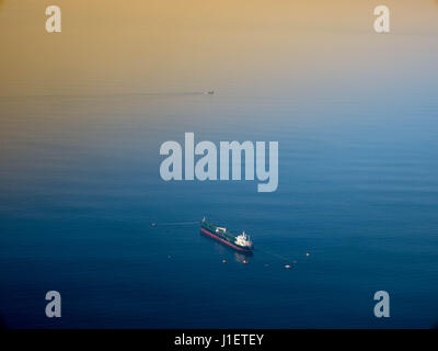 Aerial side view of oil tanker ship on open sea Stock Photo